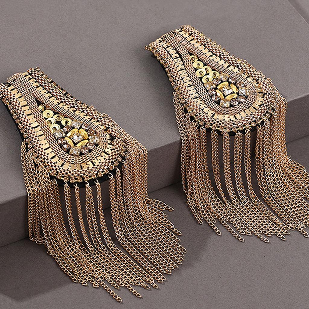 Punk Styles Bead/Rhinestone Epaulets Easy Install Pin Epaulettes with Tassels Metal Chain for Stage Costume Dress Decors