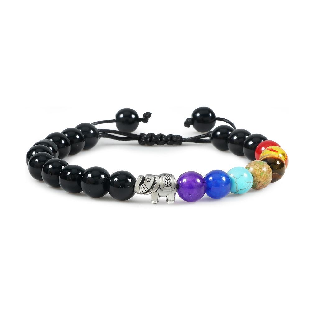 Multicolor Stone  Elephant Bead Woven Bracelet with Adjustable Lava Turquoise Cord