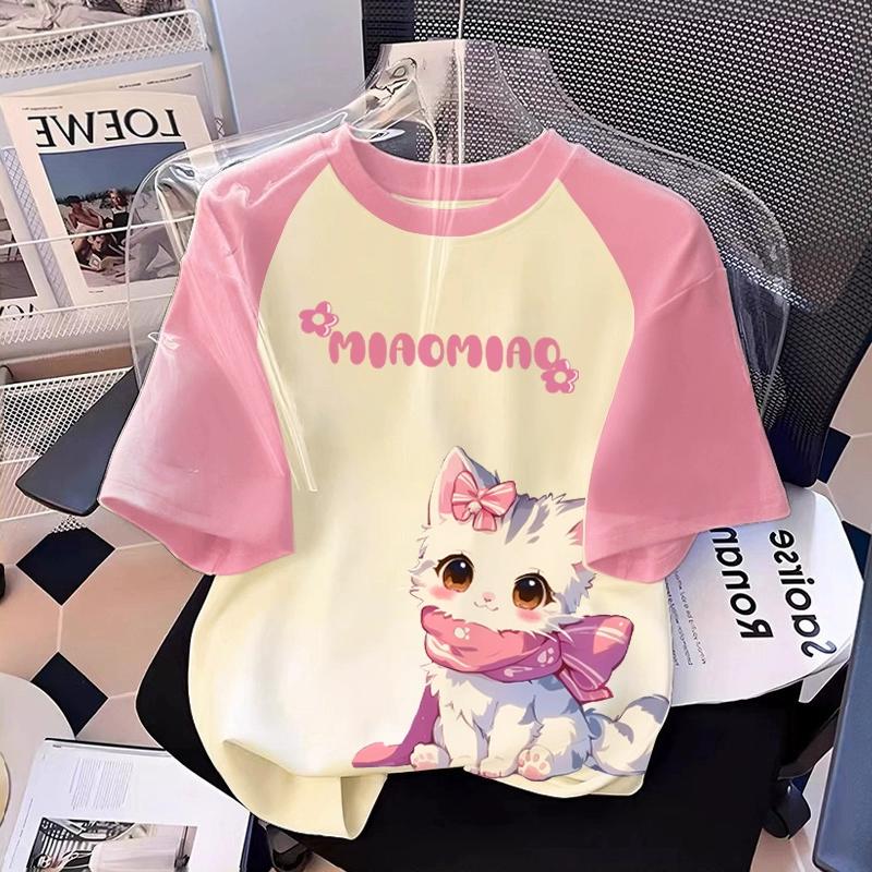 T-shirt Stampata con Grafica di Gatto Cartone Animato per Ragazza Estiva Casual da Donna per Bambini a Maniche Corte Abbigliamento