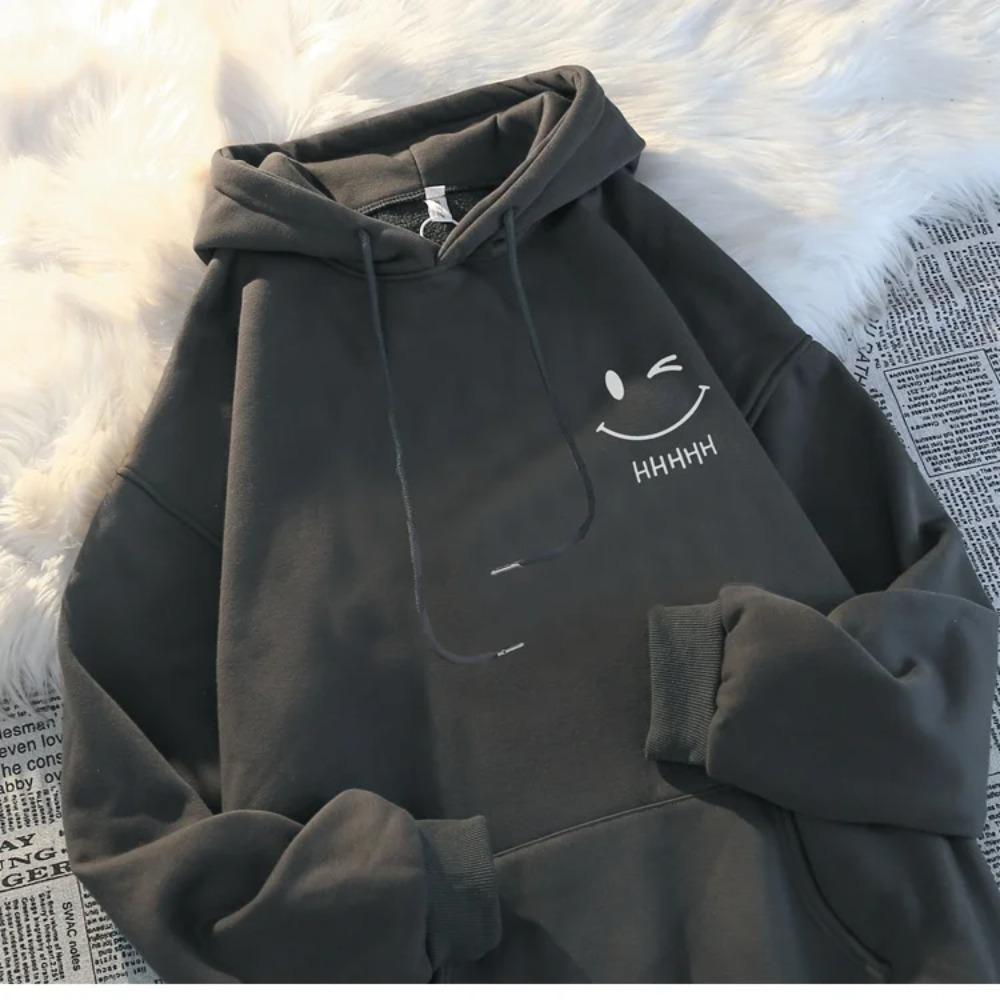 Women's Smiling Face Funny Fashion Couple Hooded Sweater American Heavyweight Loose Thickened Cashmere Hoodie Pullover Top