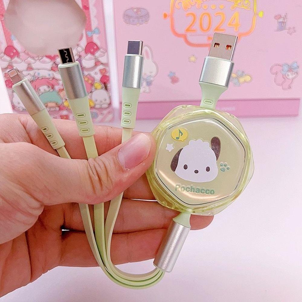 Cute Cartoon Kt Cat Melody Extendable Three-In-One Fast Charging Data Cable Suitable For Apple/Android/Huawei Type-C