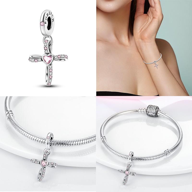 Bible Cross Pink Zircon charms Fit 925 Bracelet DIY Jewelry Making Women's Gift 100% 925 Silver