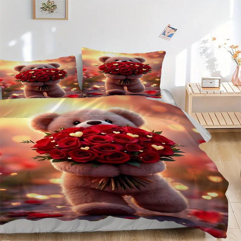 3pcs Anime Teddy Bear Roses Bedding Set - Includes One Quilt Cover and Two Pillowcases (No Core) - Home Decor, Festival Gift, Polyester Fabr