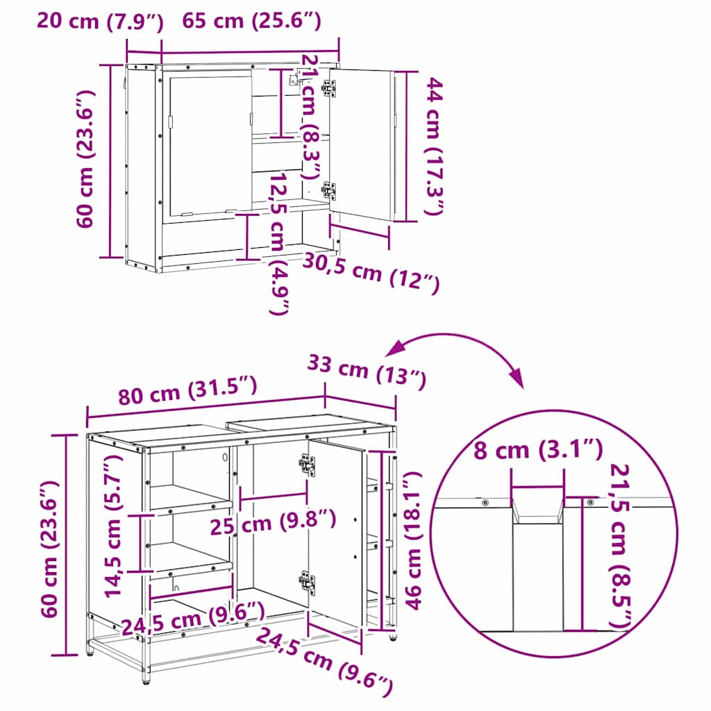Bathroom Furniture Set 3 Pcs Black Oak Effect Particleboard