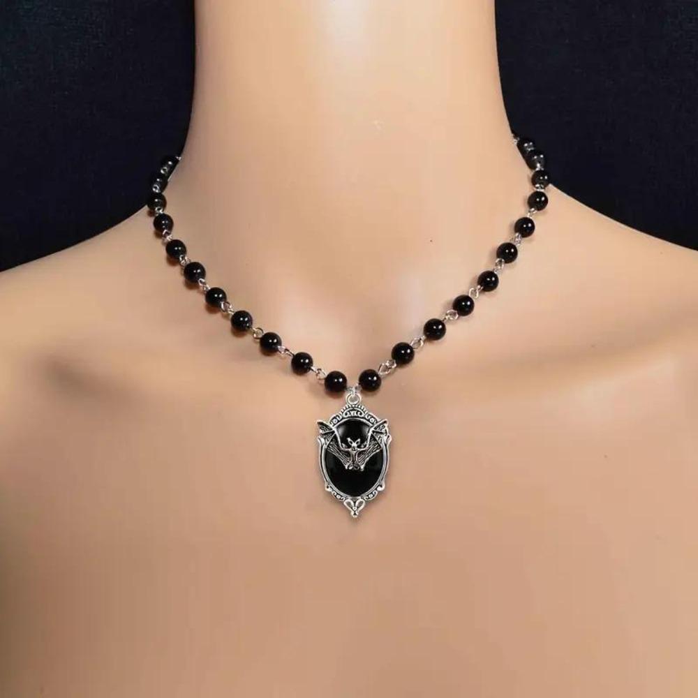 Gothic Punk Silver Color Vampire Bat Relief Oval Pendant Black Bead Chain Necklace for Women Halloween Party Witch Jewelry Gifts