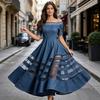 Damen schulterfreies Jeanskleid, Netz-Patchwork Kurzarm A-Linie Swingkleid, Sommer Reise Urlaub langes Kleid