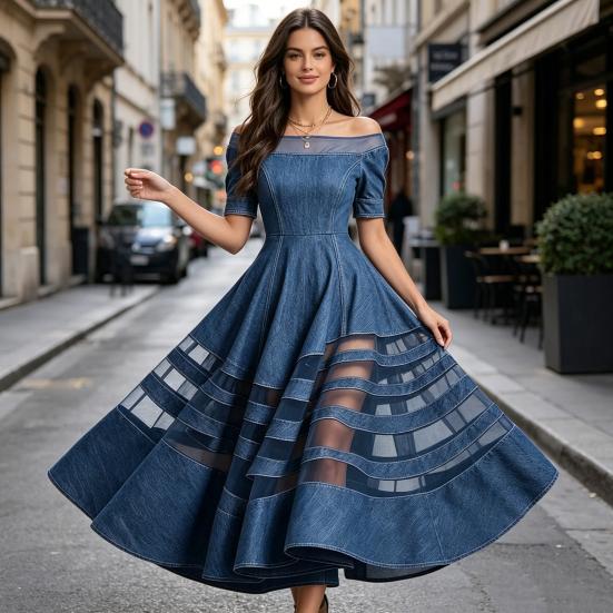 Damen schulterfreies Jeanskleid, Netz-Patchwork Kurzarm A-Linie Swingkleid, Sommer Reise Urlaub langes Kleid