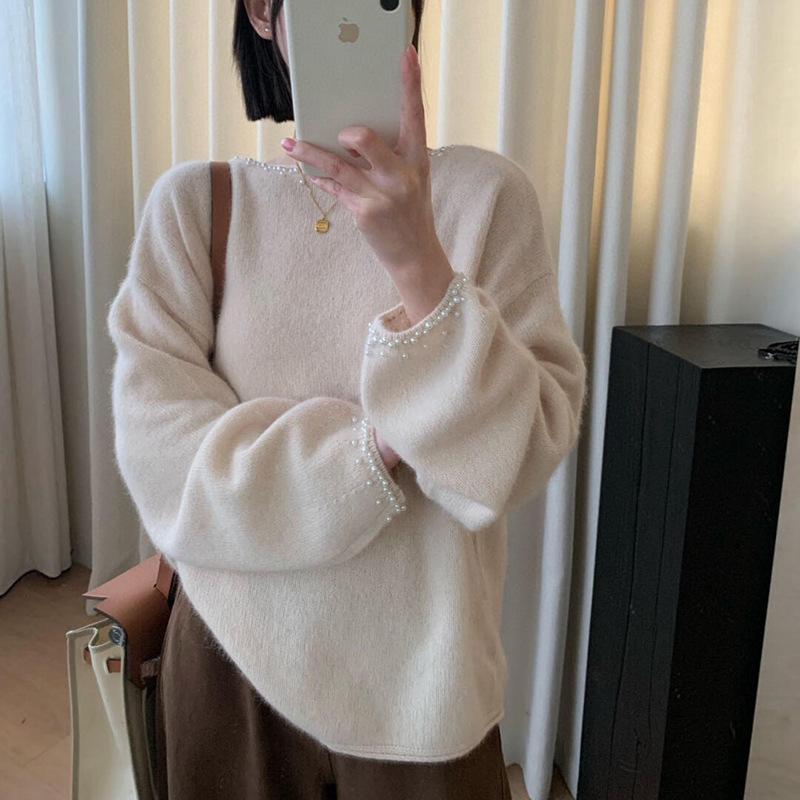 

Gentle wind fashion heavy industry bead knitted sweater women s autumn and winter new loose and thin pullover solid color sweater women One size