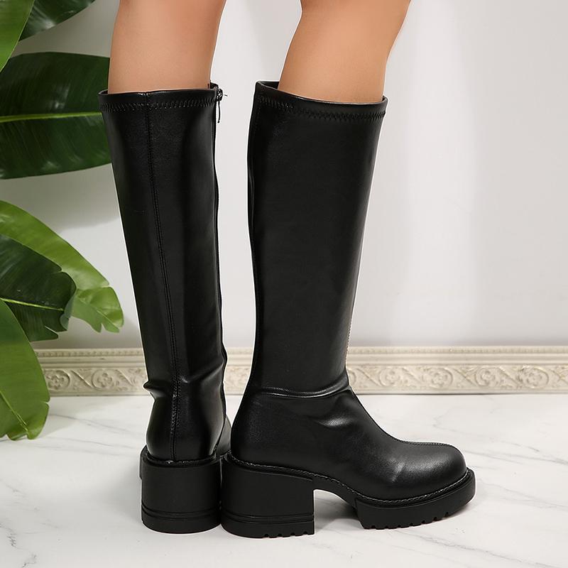 Módní dámské kozačky po koleno Módní nadměrné velikosti 35-42 Silné podpatky Rytířské boty Dámské 2025 Boční zip Pu kůže Dlouhé Botas Mujer