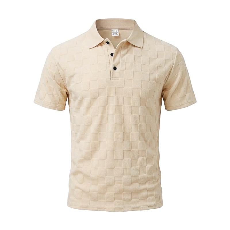 Mens Casual Check Jacquard Short Sleeve Collared Polo Shirt Breathable Loose Summer T-Shirt
