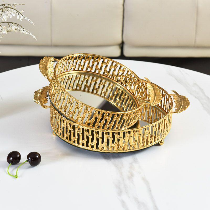 European Style Gold Metal Mirror Tray Home Multi-functional Storage Decoration Fruit Plate Glass Mirror Tray Home Decoration New