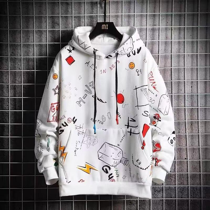 Graffiti Kreslený Anime Potisk Korejský Styl Mikina s Kapucí pro Školáky - Tenká Jarní/Podzimní Pánská Bunda
