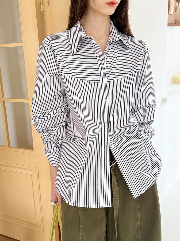 Tachibana Spring New Blue Shirt Stacked Shirt Commuter Temperament Striped Long Sleeve 8111