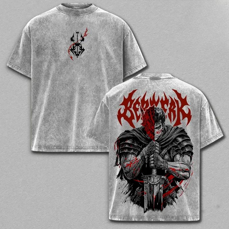 Hot Anime Berserk Guts Clothing Men Women Short Sleeve Tshirts Washed Cotton Tee Retro Oversized T-shirt Harajuku Unisex T Shirt