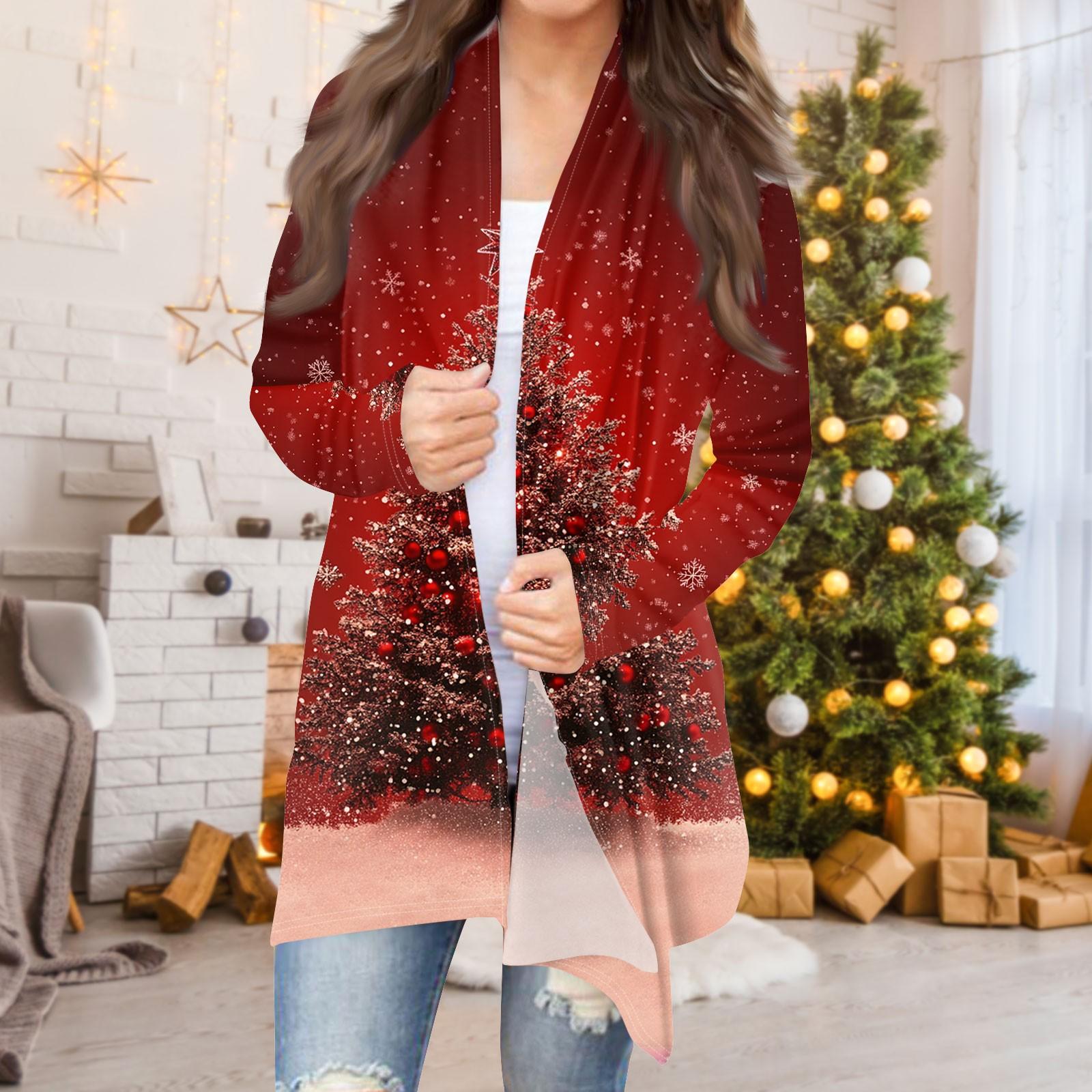 

Женская мода повседневная рождественская печать средней длины кардиган куртка пальто L винный