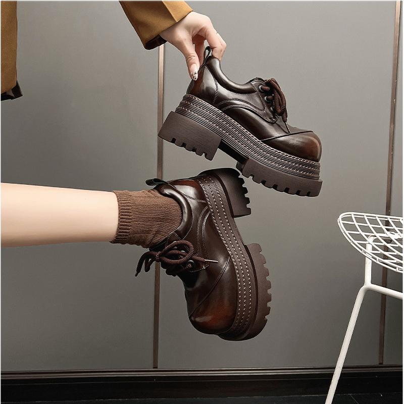 Women Retro Loafers Spring Increase Thick Sole Shoes Lace Up Outdoor Work Platform Shoes