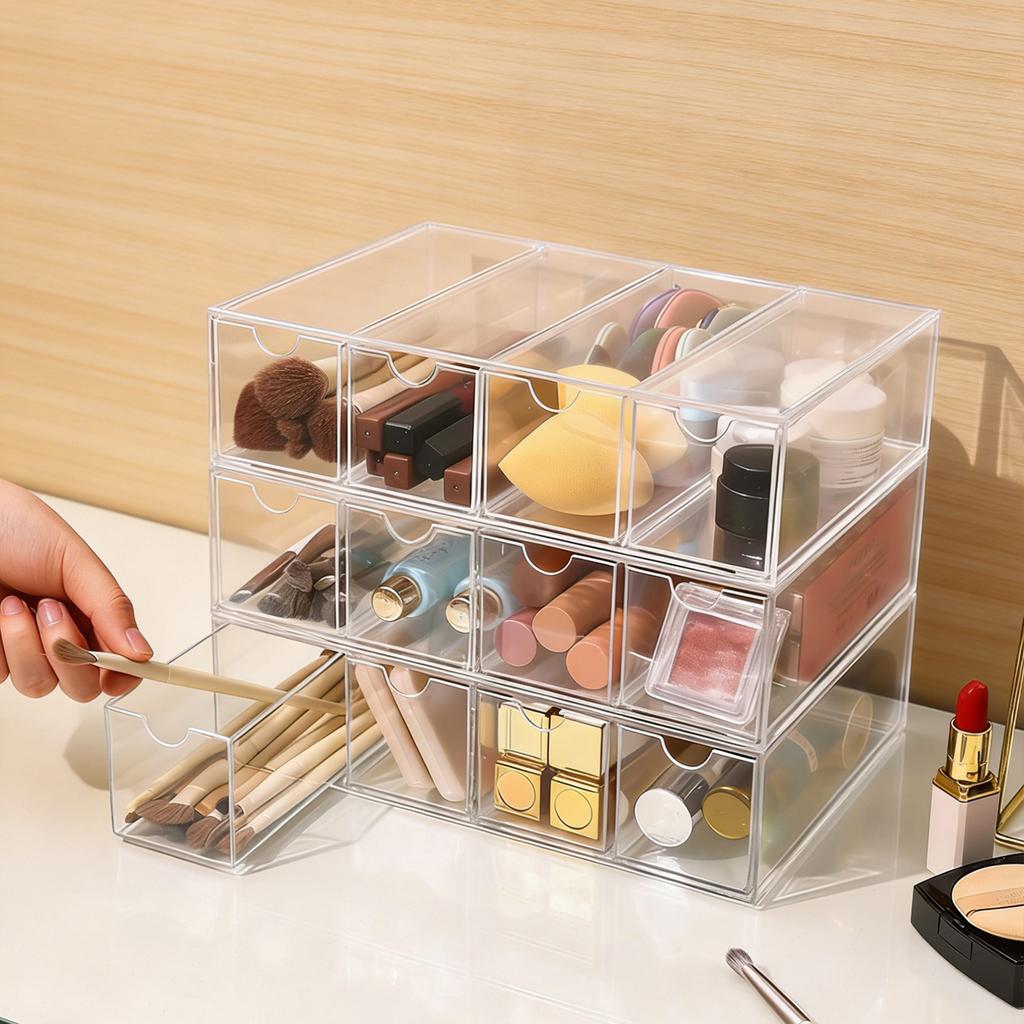 1 Stück einlagig vier Fächer transparent/weiß Acryl Kosmetik Aufbewahrungsbox, stapelbare Schubladen-Stil Schminktisch Display Box