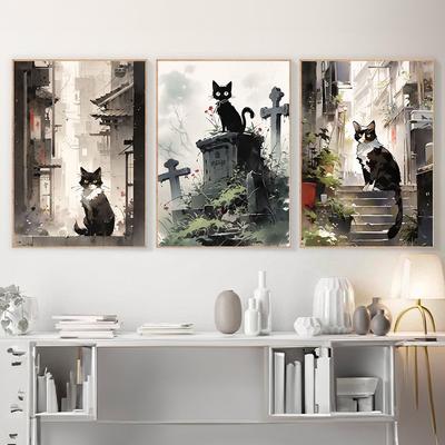 Black Cat Sitting In A Japan Theme City Background Poster and Prints Canvas Printing Wall Art Picture for Living Room Home Decor