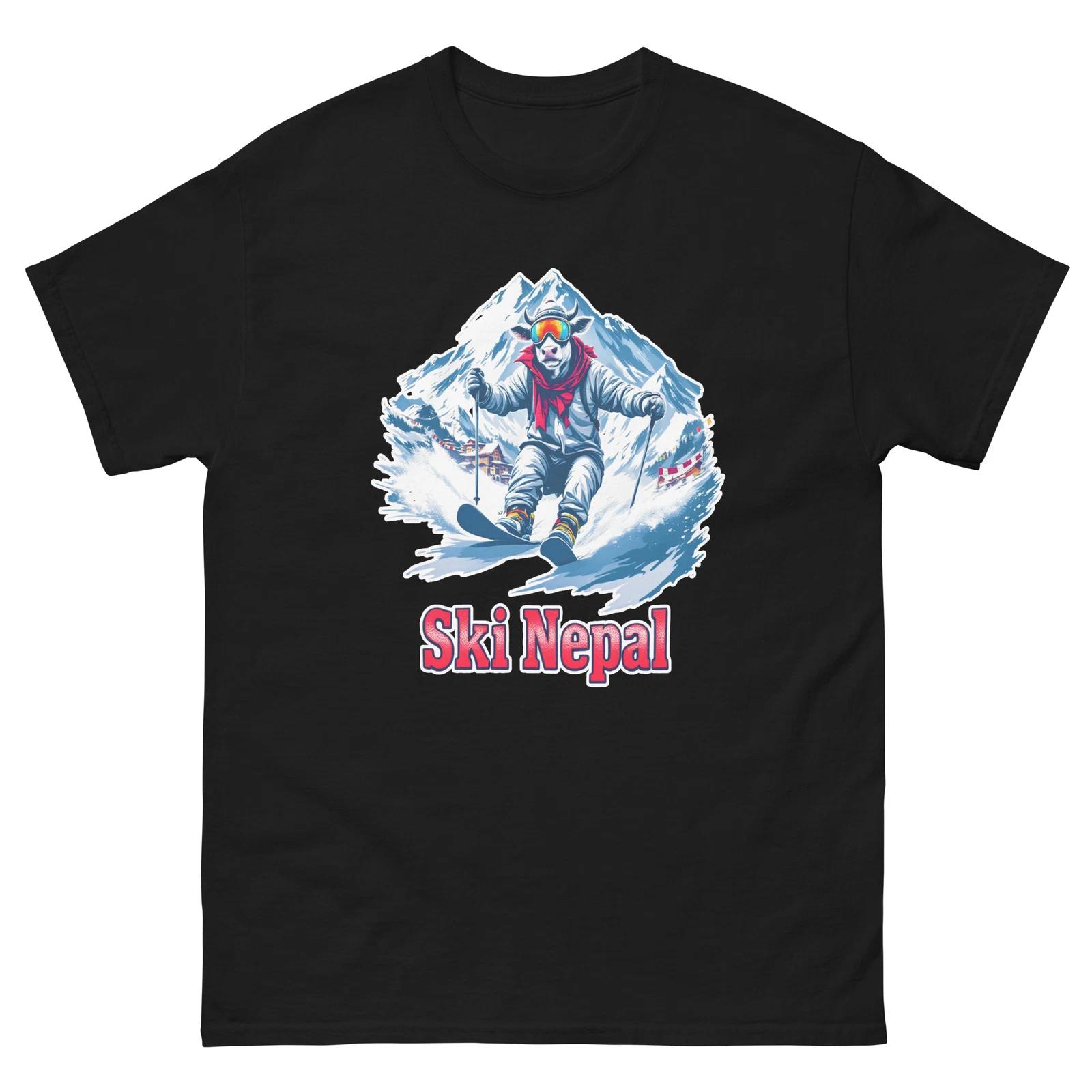 Ski Nepal Cow Cute Animal Skiing T-Shirt L