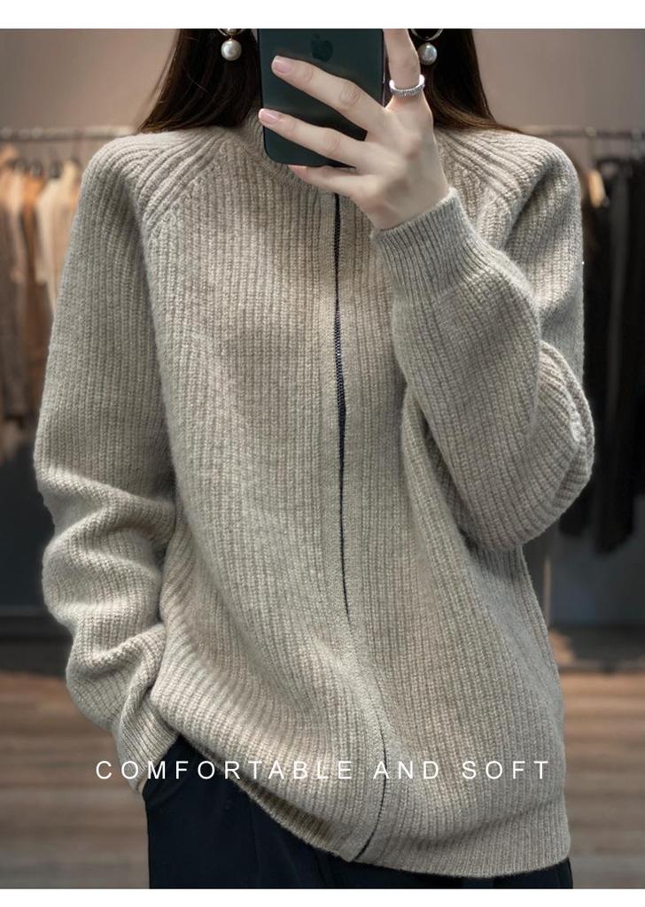 Women's Thick High Neck Zipper Cardigan - Loose Fit, Solid Color Long Sleeve Knit Sweater Coat