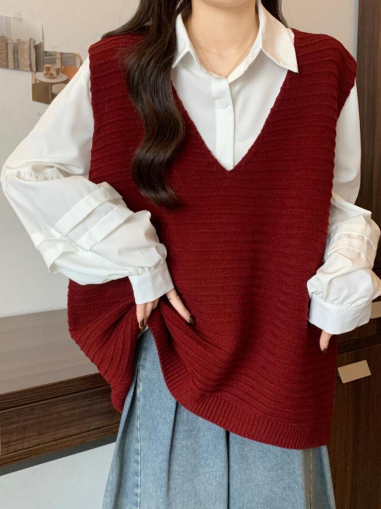 Design Sense Women's V-Neck Knitted Vest: Loose, Plus Size, Striped, Sleeveless Sweater for Autumn and Spring Layering.