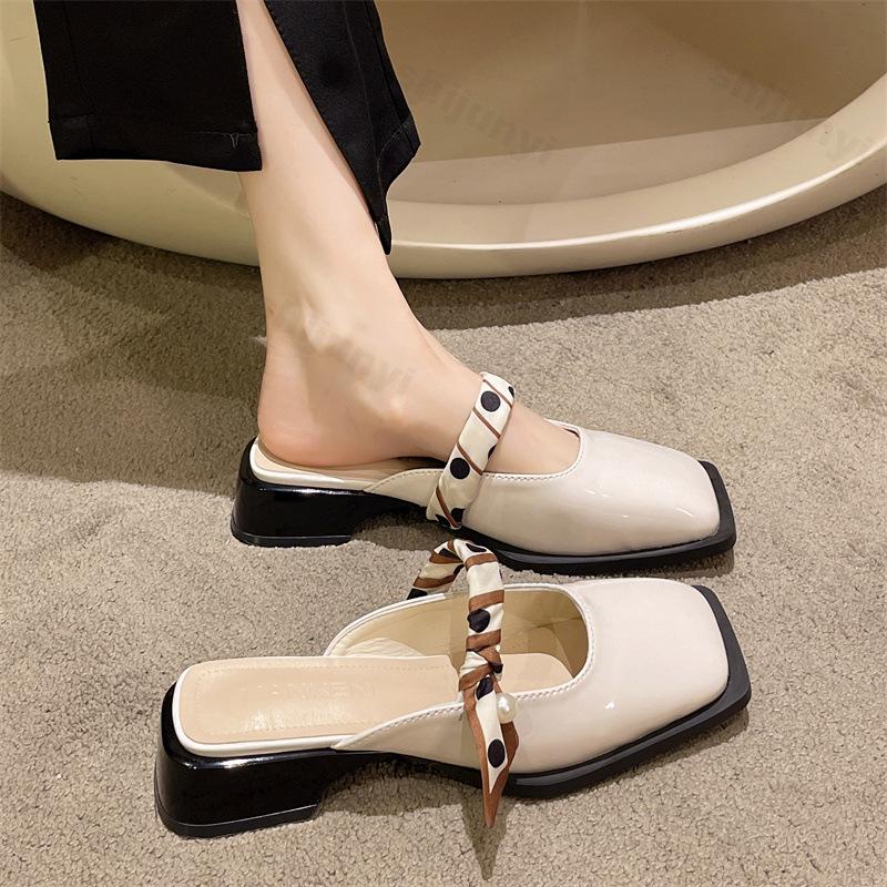 Fashion French Style Thick Heeled Half Slippers for Women's 2025 Summer New Square Head Muler Shoes Fashion Slip On Comfortable Sandals