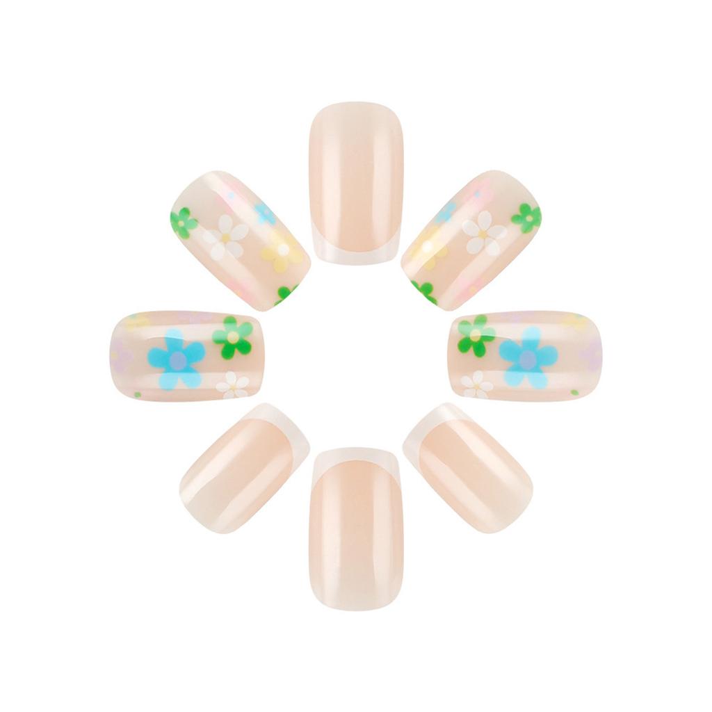 24 Pcs French Tip Press On Nail Short Square False Nail Colorful Flowers Acrylic Nail Glossy Full Cover Stick On Nail