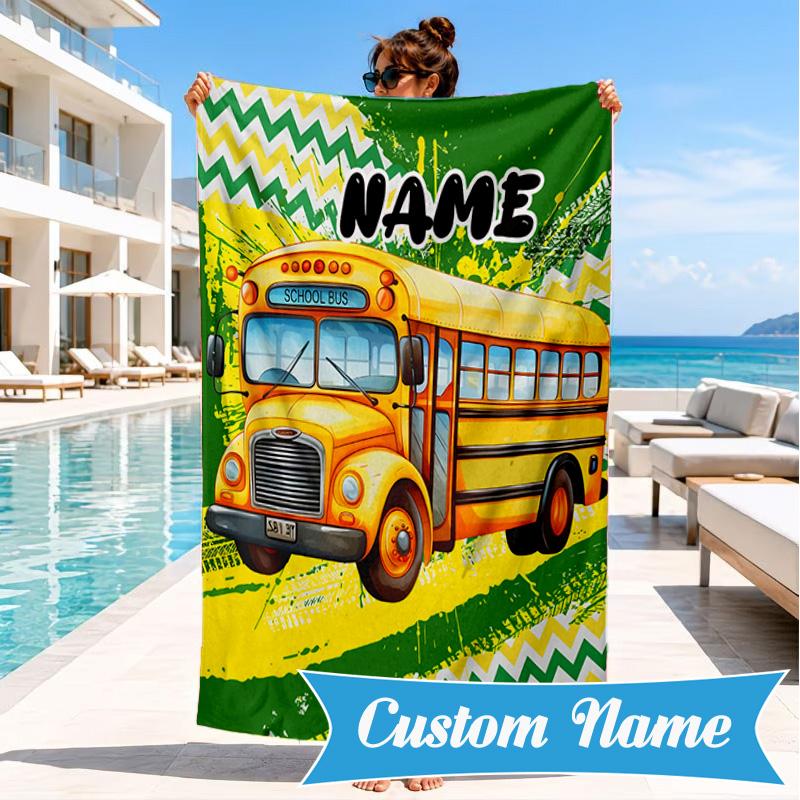 Custom Name School Bus Adventure Beach Towel Microfiber Beach Towel, Lightweight and Quick-Dry, for Summer Travel, Swimming Pool Gift