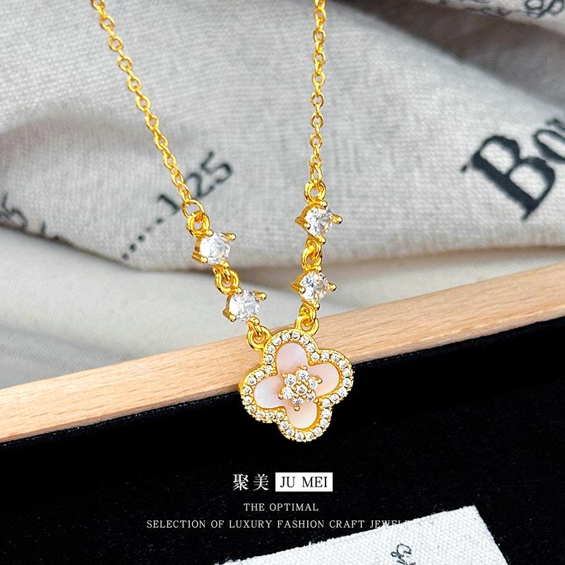 

Light luxury 24K real gold four-leaf clover necklace high-end feelingfemale 9999 diamond-set design shell collarbone chain 50cm&Gold-color белый