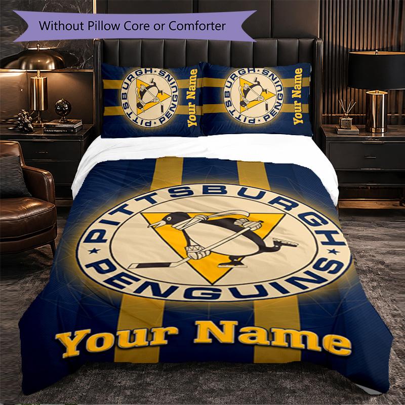 Pittsburgh Penguins Customized Name Text Bedding Set, 1 Duvet Cover & 2 Pillowcases Personalized Bedroom Gift