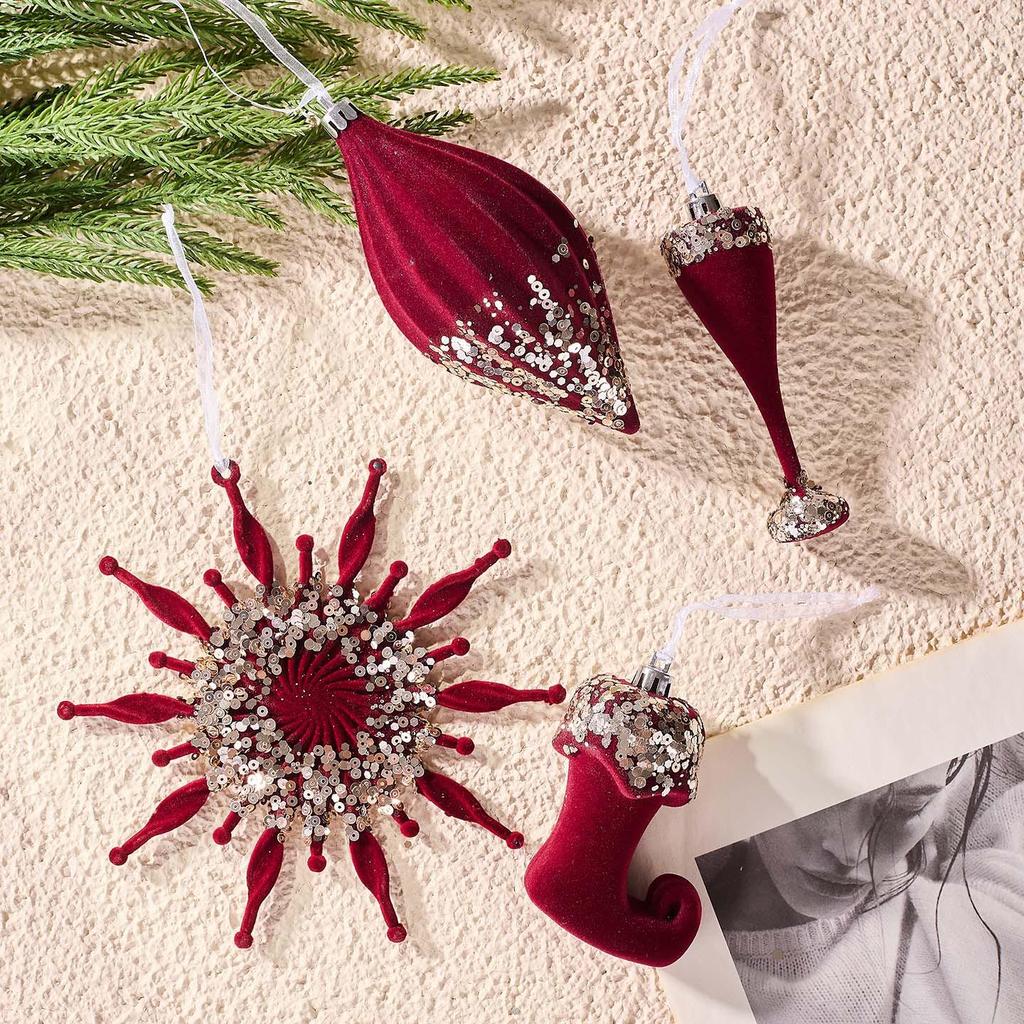 Nordic Flocking Wine Red Christmas Tree Ornament Pendant