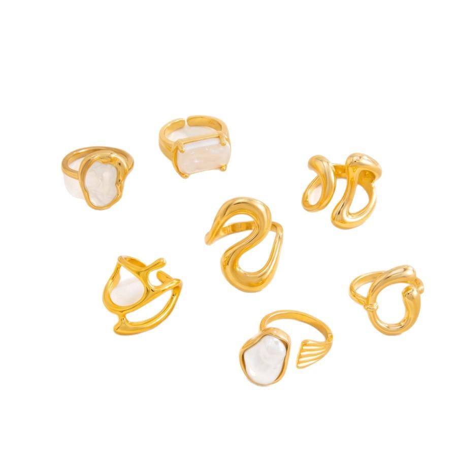 European and American sweet and cool ins style geometric baroque pearl ring set, personalized liquid metal glossy ring
