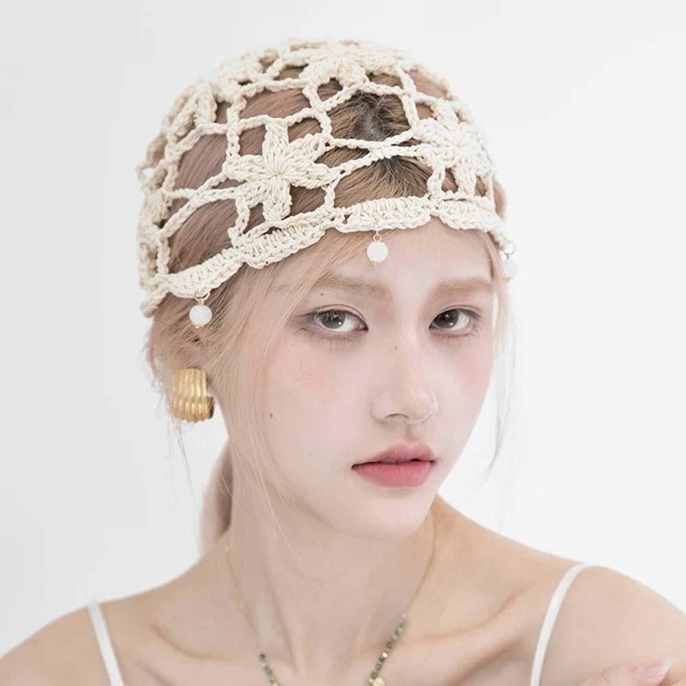 Handmade Crochet Flower Knitted Hat Bohemian Style Woven Cap Cute Hollowed Out Beanie Cap  Women