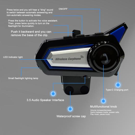 Motorcycle Helmet Headset IP67 Waterproof Noise Cancellation Rechargeable Hands-free Motorbike Bluetooth-compatible 5.0 Helmet Earphone