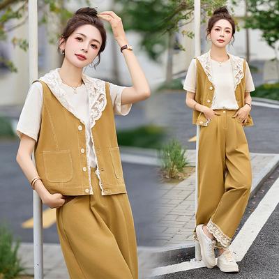 Summer Denim Vest Suit Women's Casual Lace Splicing Straight Jeans Three-piece Set