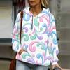 Women Plus Size Wave Printed White Long Sleeve Drawstring Hoodie Pullover With Kangaroo Pocket