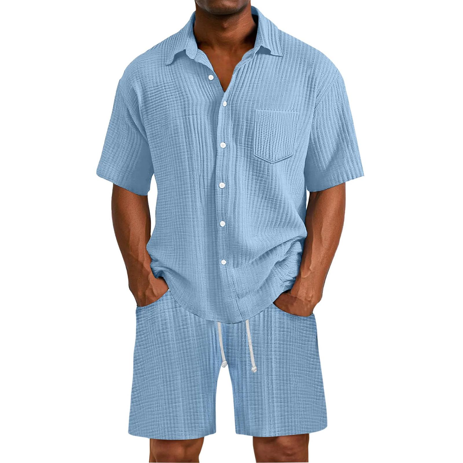 

Men s Summer Hawaiian Stripe Textured Button Shirt Shorts Set XL