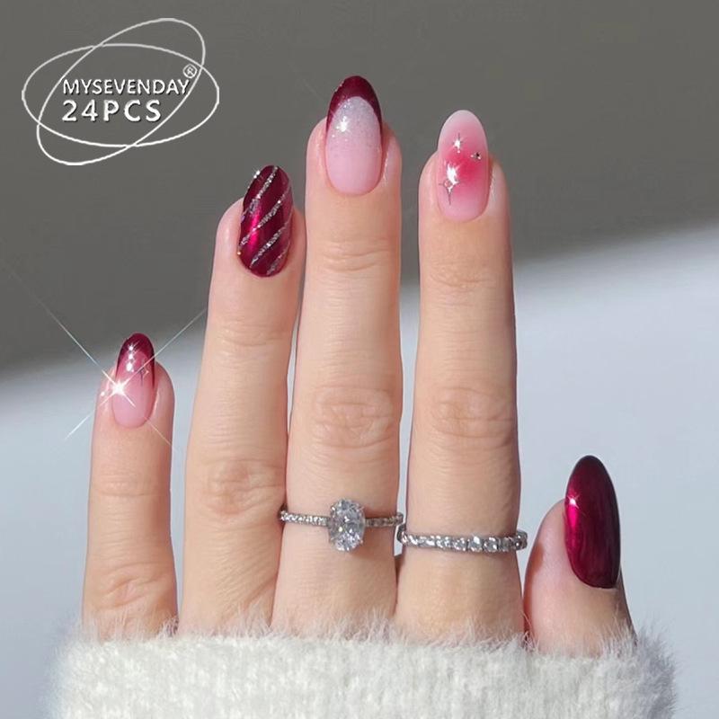 

Wine Red Star Stripe Wearable Nail Art Patches - Blush False Nails Glue Type