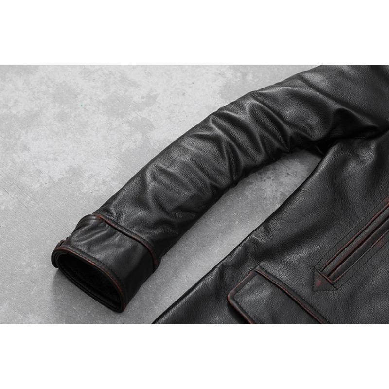 Jachetă de piele ocazională pentru bărbați, dimensiune chinezească, haină moale din piele de vacă naturală.
