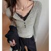 T-shirt da Donna Autunno/Inverno Stile Americano con Pannelli in Pizzo, Spalle Strutturate, Manica Lunga – Un Top Base aderente
