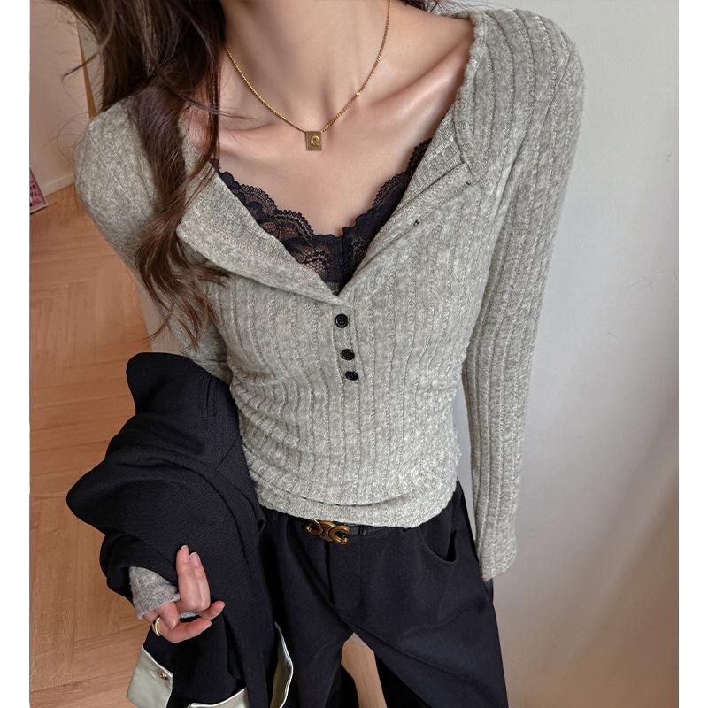T-shirt da Donna Autunno/Inverno Stile Americano con Pannelli in Pizzo, Spalle Strutturate, Manica Lunga – Un Top Base aderente