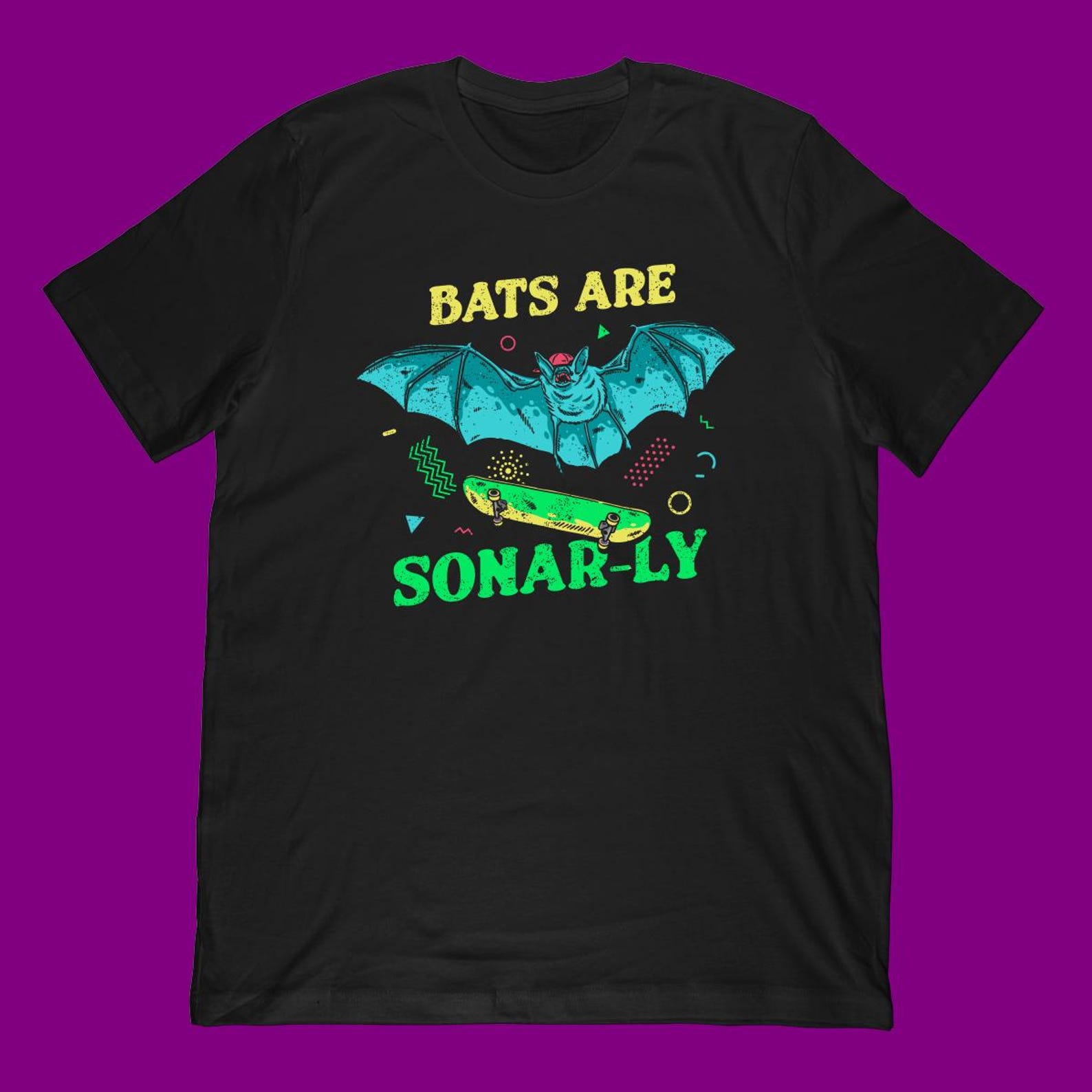Bats Are Sonar-Ly T-Shirt | Bat Skateboarding Pun Meme 90s Style Gift M