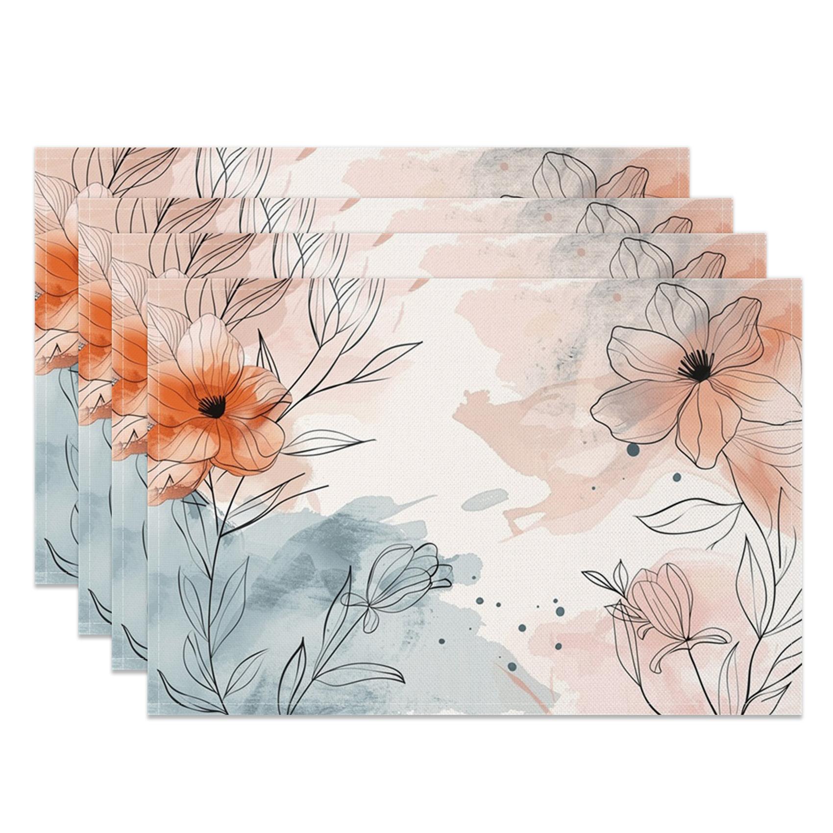 

Watercolor Floral Placemats Bohemian Hand Painted Style Soft Pastel Flower Artistic Table Mats for Dining Kitchen Decor Washable 4pcs