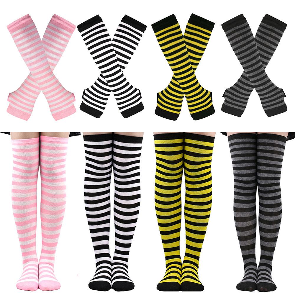 Striped Y2K Lolita Fingerless Gloves Gothic Long Winter Stockings  for Women