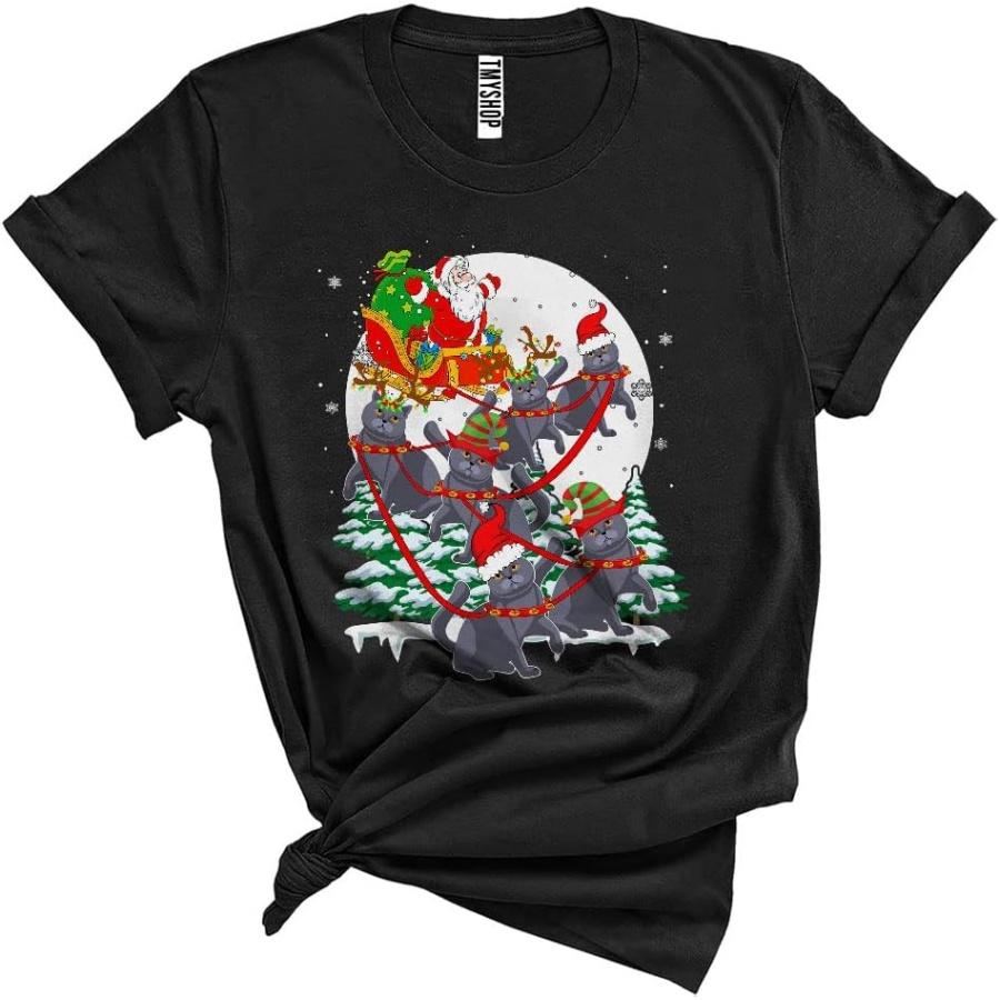 Santa Riding British Shorthair Cat Reindeer Sleigh Funny Cute Christmas Santa Reindeer Cat Lover Unisex T-Shirt Black XXXXXL разноцветный