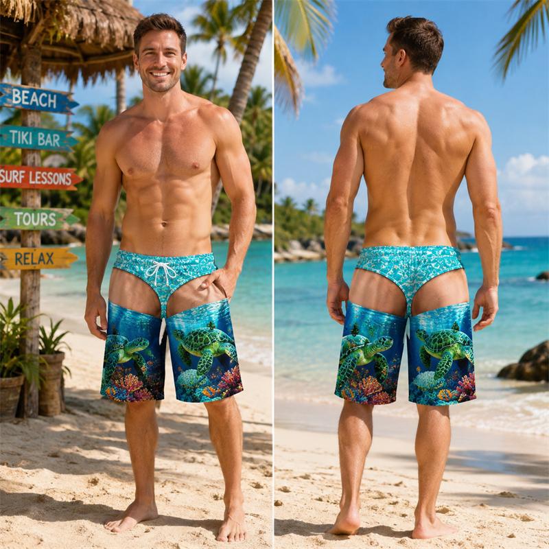 Men's Fake Underwear Beach Short 3D Print Beach Shorts Tropical Underwater Print Funny Summer Vacation Swim Trunks Board Shorts
