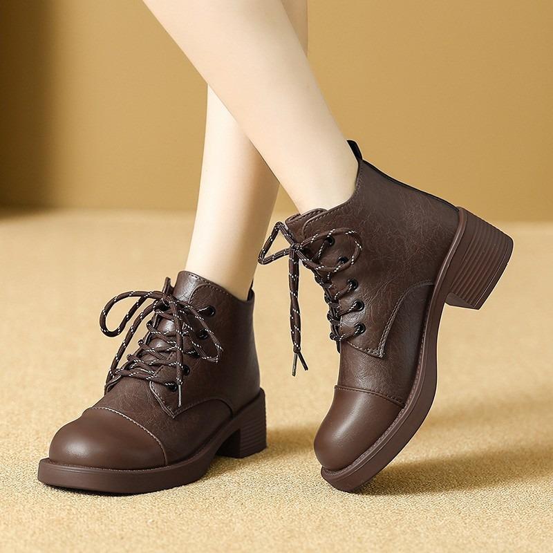 Thick Heel Small Short Boots Women's New Spring and Autumn Thin Single Boots Leather with Skirt Martin Boots