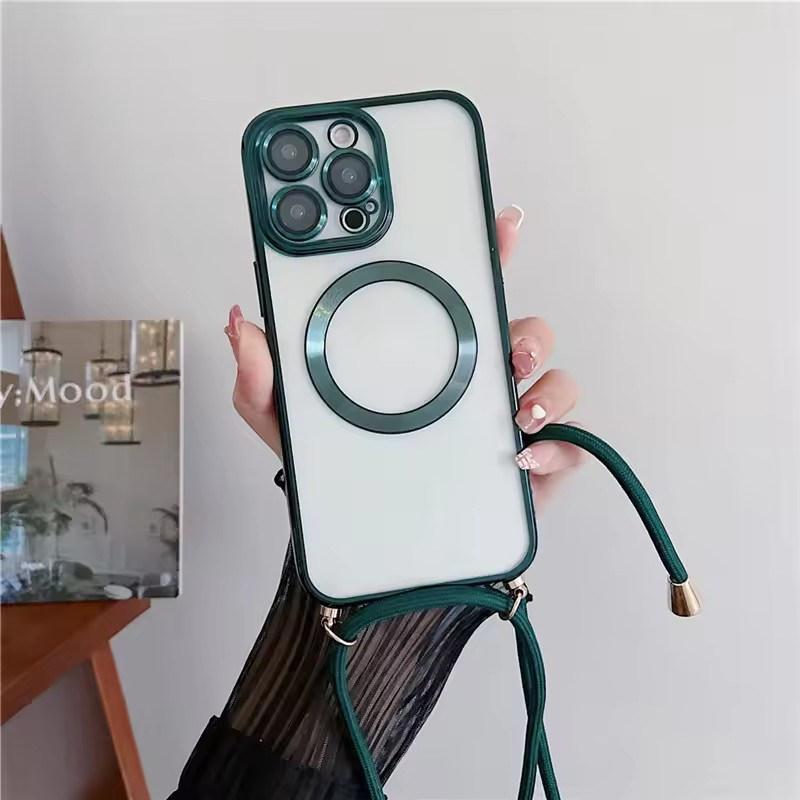 Plating Clear Magnetic For Magsafe Wireless Charging Cases For iPhone 17 Air 16 15 14 13 12 11 Pro Max Plus Crossbody Lanyard Necklace Cover