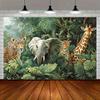 Jungle Adventure Themed Background Cloth Featuring Elephants Leopards Giraffes and Lush Greenery Scenery