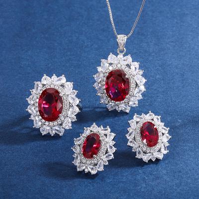 Jewelry Retro Style Simulation Red Corundum Jewelry Set Pendant Ring 12 * 16 Stud Earrings 8 * 12